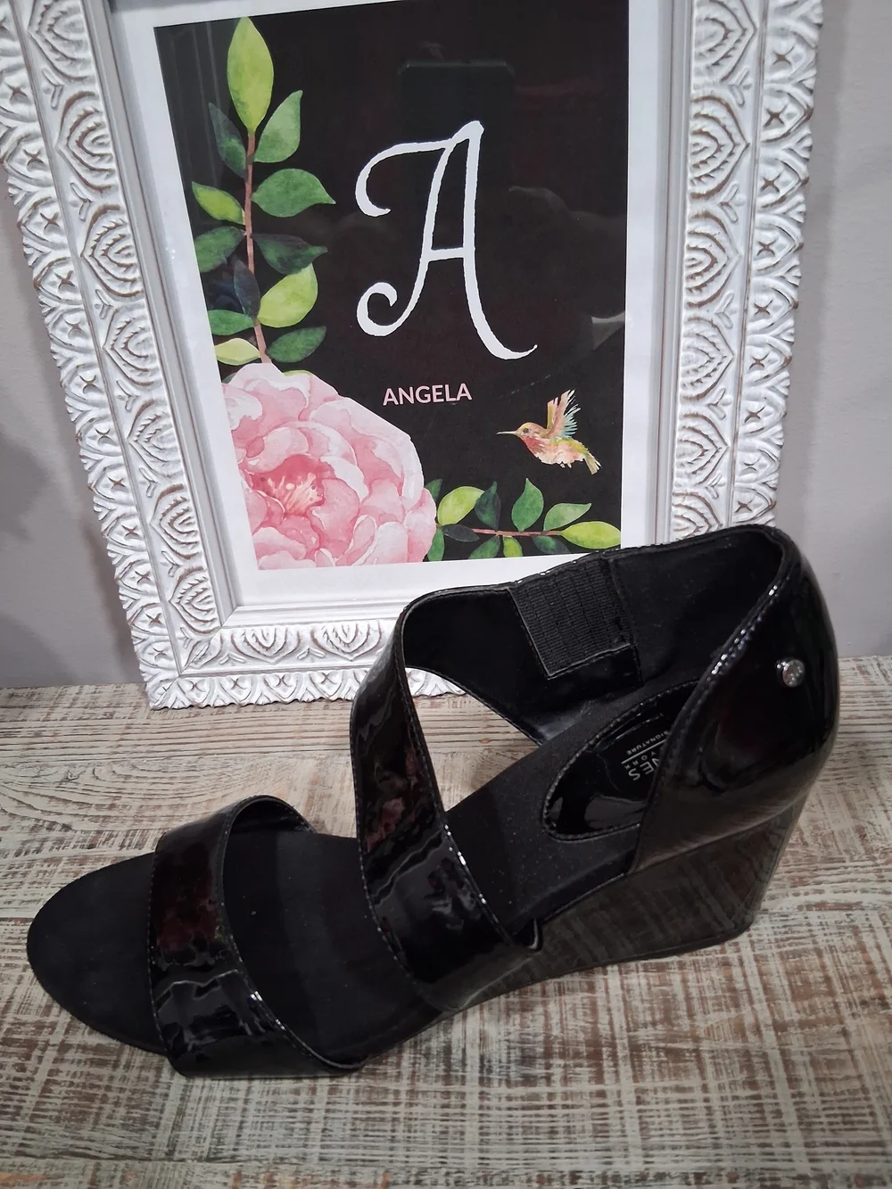 Jones New York Black Patent Wedge Sandals